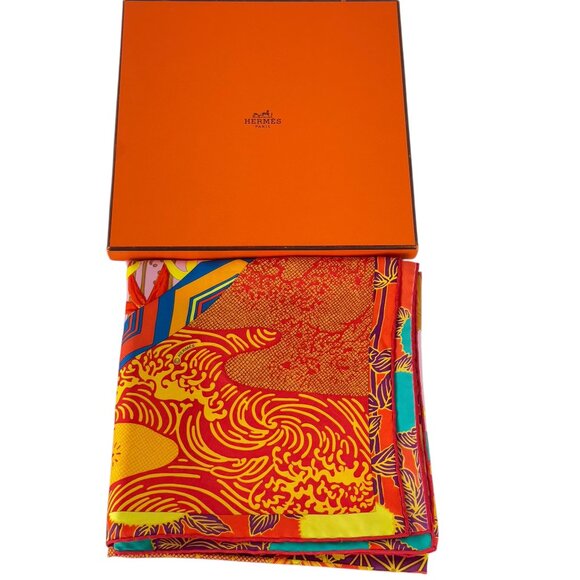 HERMES Orange & Multicolor 100% Silk Ex-Libris En Kimonos Pattern Scarf France - Picture 1 of 11